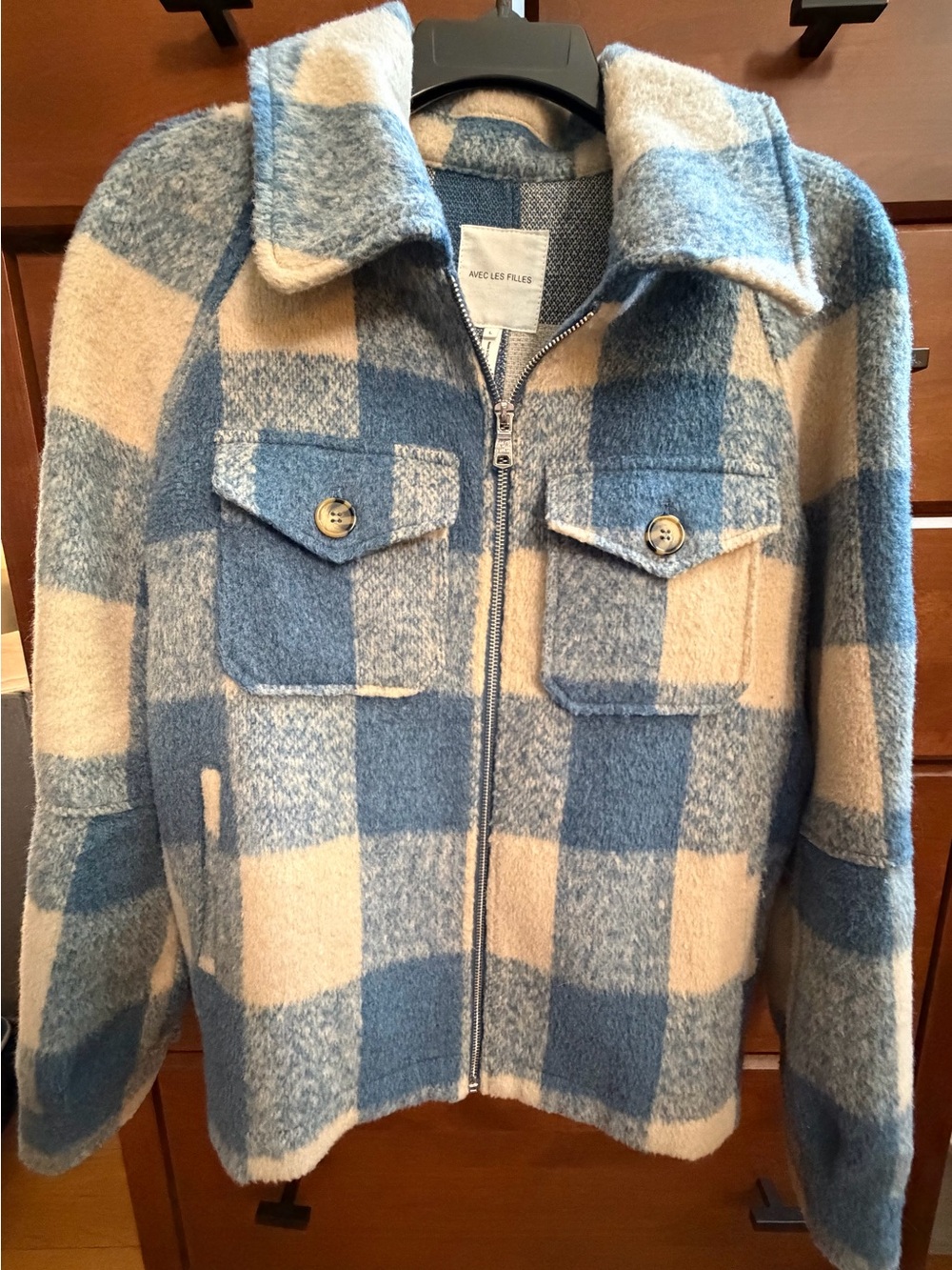 Avec Les Filles Blue & Cream Plaid Teddy Zip Jacket